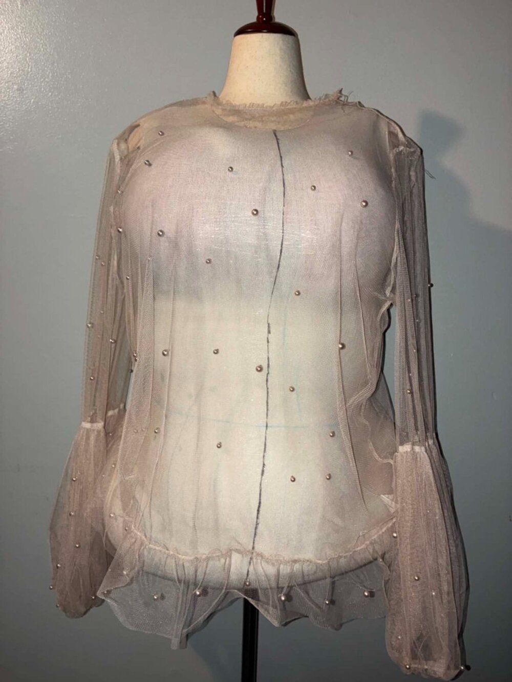 Sheer Mesh Faux Pearl Sleeve Top – Soft Nude Pink – 3X